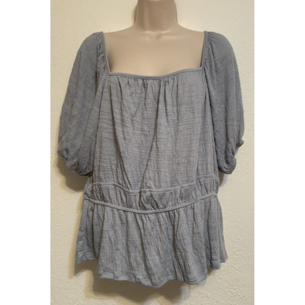 Knox‎ Rose Womens Blue Short Sleeve Peasant Top Cinched Flowy Size L